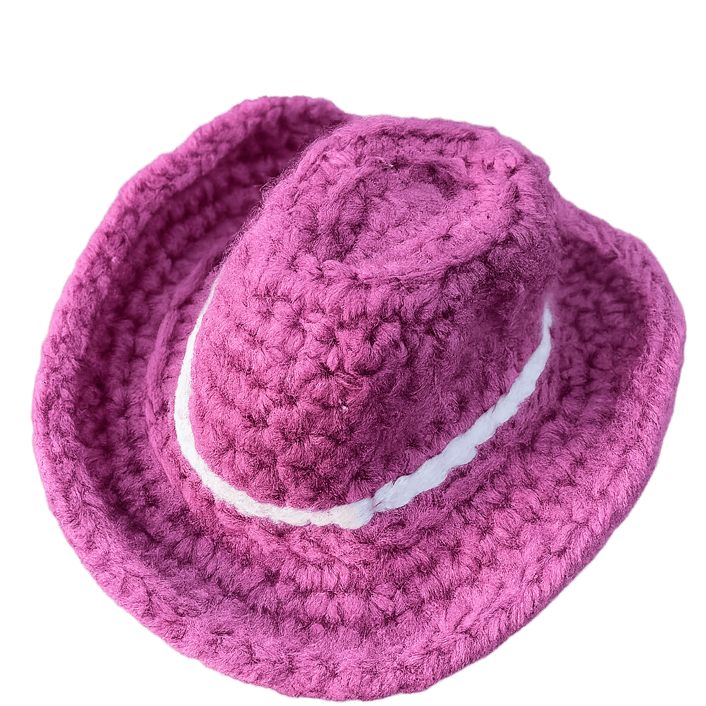 Handcrafted pink crocheted cowboy hat for cats, perfect for adding a stylish touch to your pet's look.