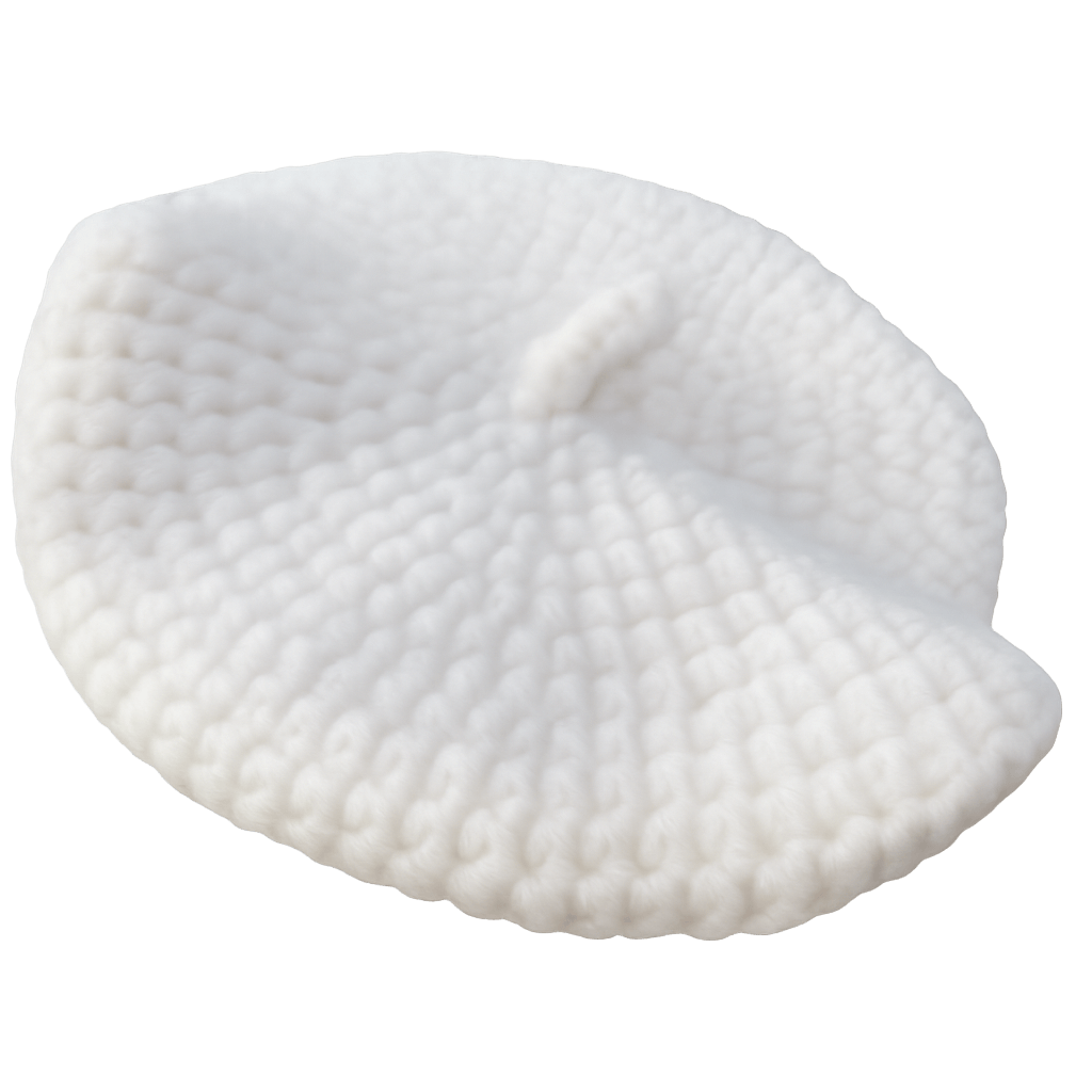 Handmade white crocheted cat beret hat from Phil & Pearl, perfect for stylish feline look.
