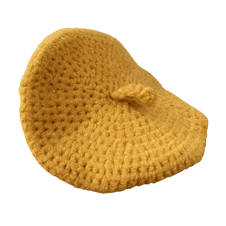 Handcrafted crochet cat beret hat in warm yellow, perfect for adding style to your pet's look.