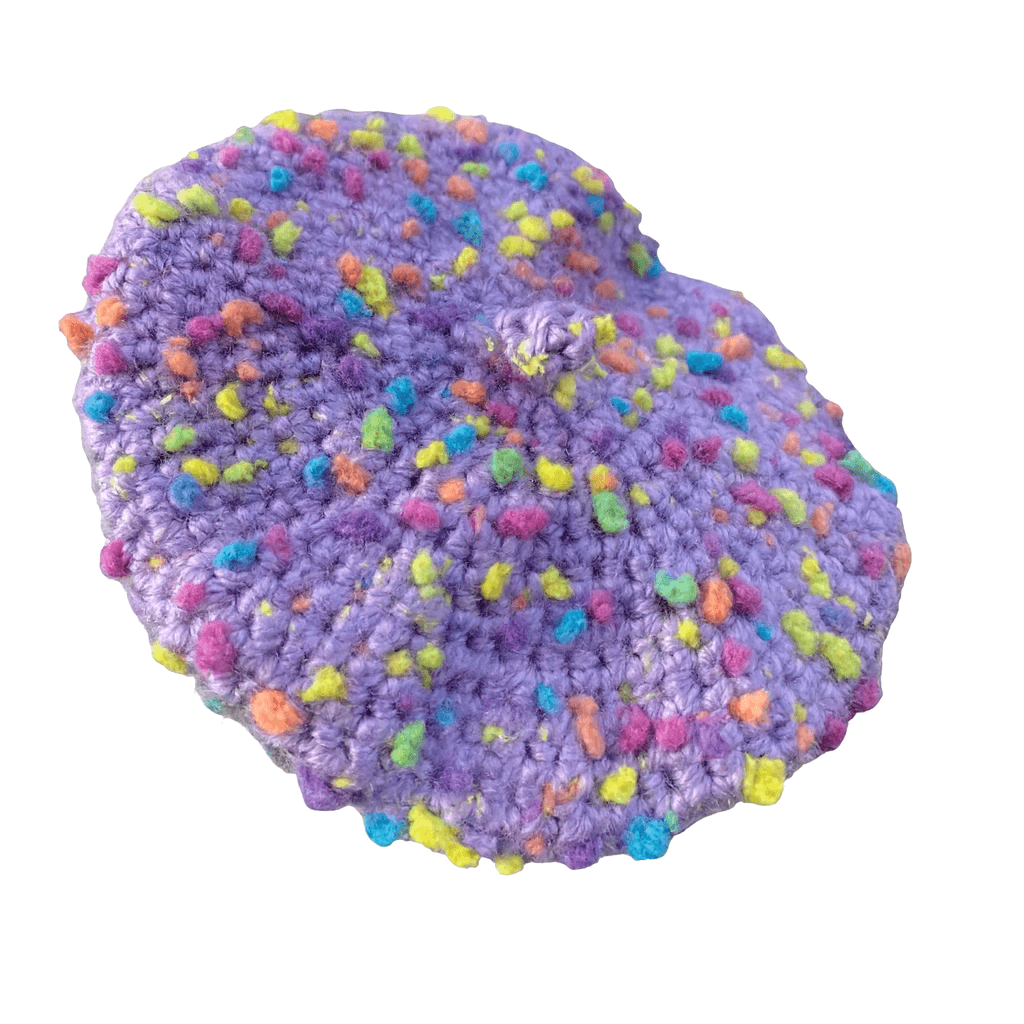 Handcrafted purple crochet cat beret hat with colorful specks, perfect for stylish feline fashion.