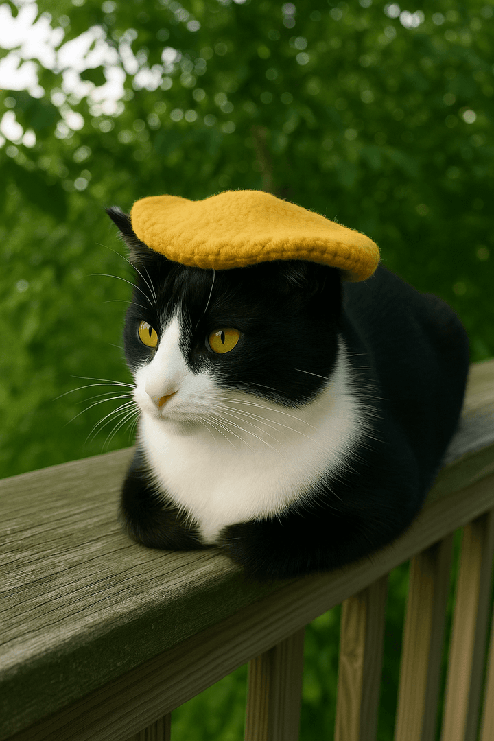 Handcrafted crochet cat beret hat in yellow on a black and white cat, perfect for a stylish pet look.