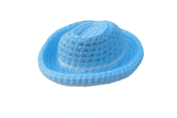 Handmade blue crocheted cowboy hat for cats, perfect for adding a stylish touch to your pet's outfit.