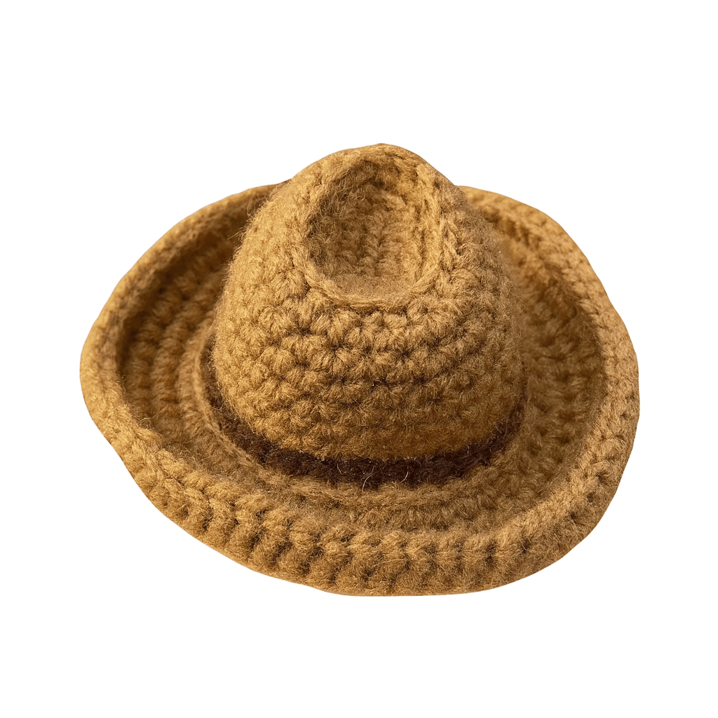 Handmade crocheted cat cowboy hat in golden brown with a chocolate brown band.