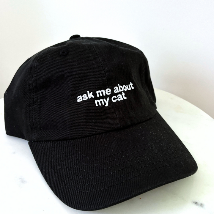 'Ask Me About My Cat' Embroidered Hat - Black