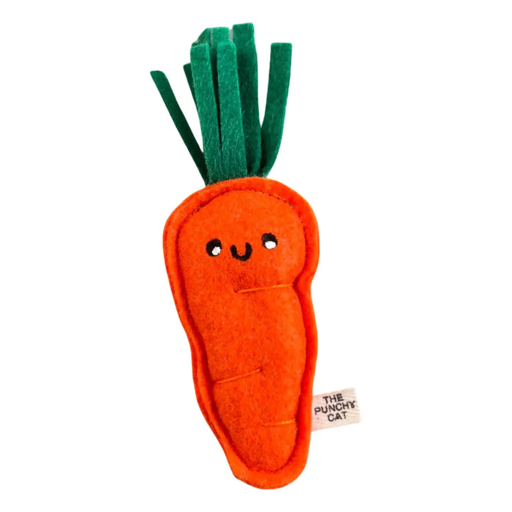 Handmade catnip carrot toy with smiley face, featuring wool felt and organic catnip mix, perfect for playful cats.