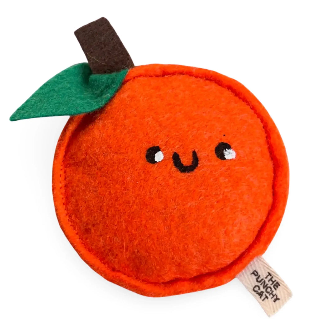 Handmade catnip orange toy with smiley face, wool felt, organic cotton filling, perfect for playful cats.
