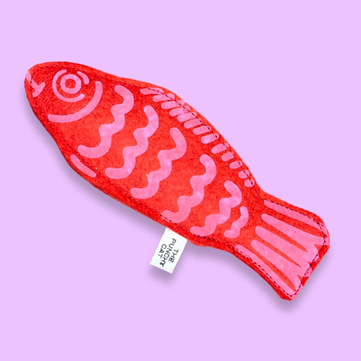 Handcrafted red candy fish cat toy made of wool felt, filled with catnip, perfect for playful kitties.