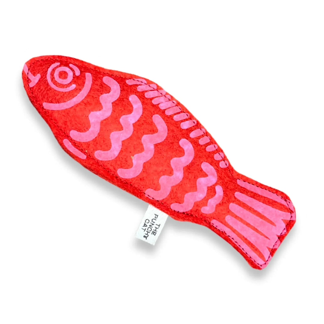 Handcrafted red candy fish cat toy made of wool felt, filled with catnip, measuring approx 6 x 2 inches.
