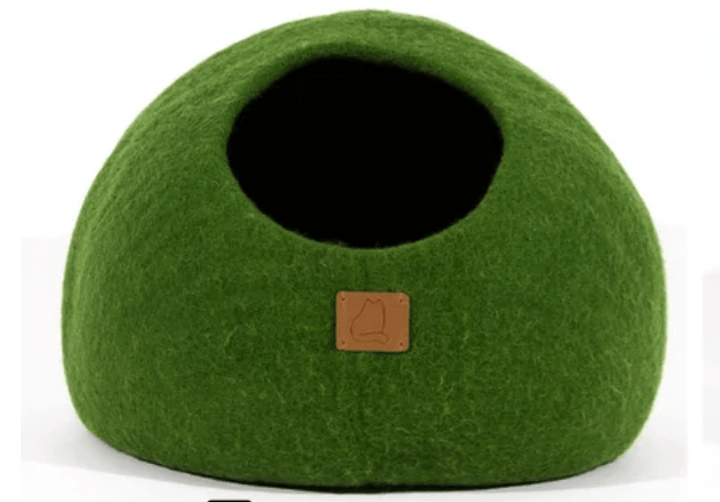 Premium felted wool cat cave bed in green, perfect for cozy cat comfort and style.