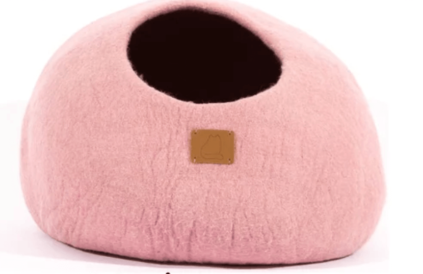 Pink felted wool cat cave bed for cozy feline comfort and style