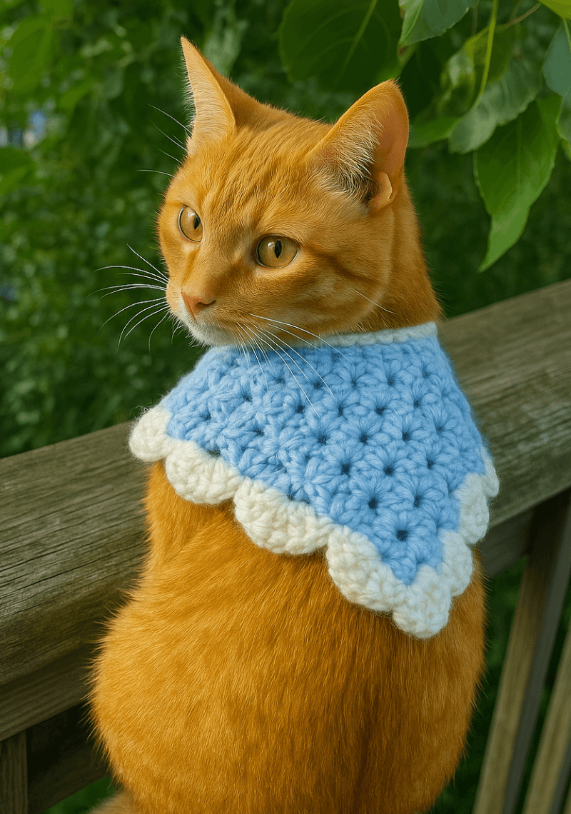 Orange cat wearing a handmade blue and white crocheted bandana outdoors, showcasing unique craftsmanship.