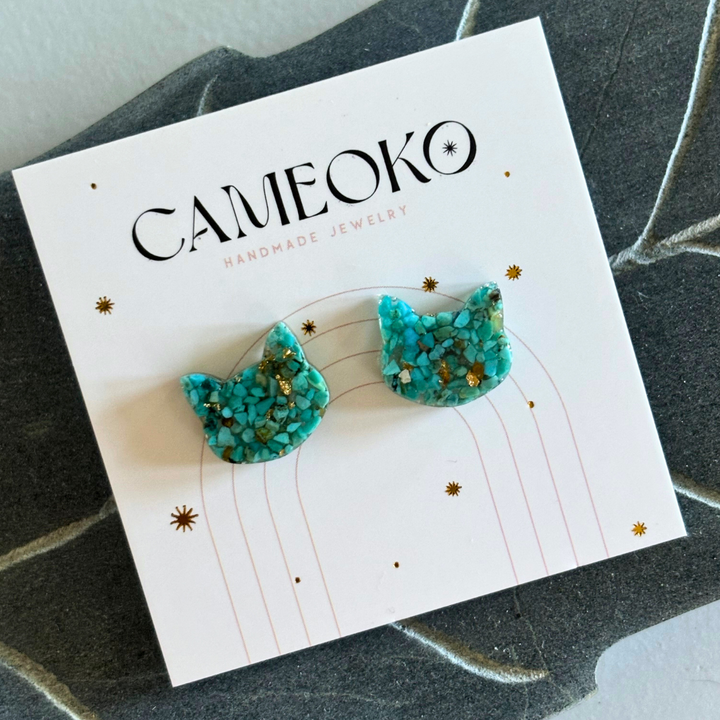 Crushed Gemstone Cat Stud Earrings