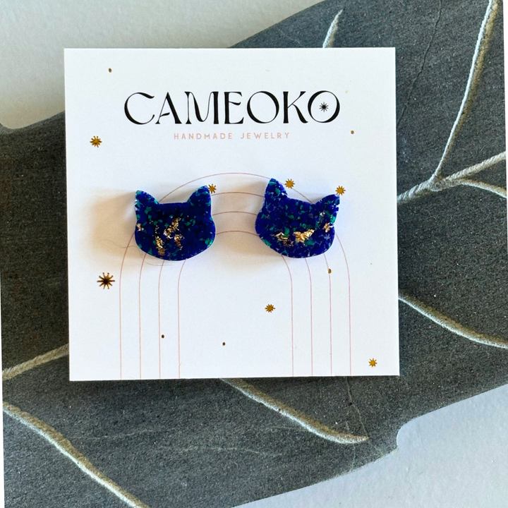 Crushed Gemstone Cat Stud Earrings