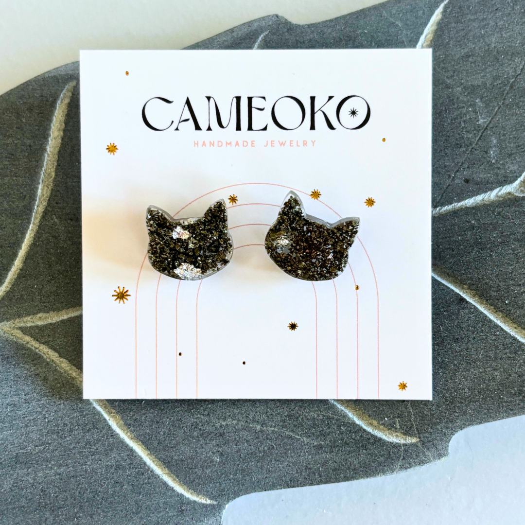 Crushed Gemstone Cat Stud Earrings