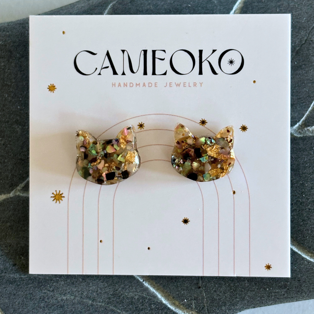 Crushed Gemstone Cat Stud Earrings