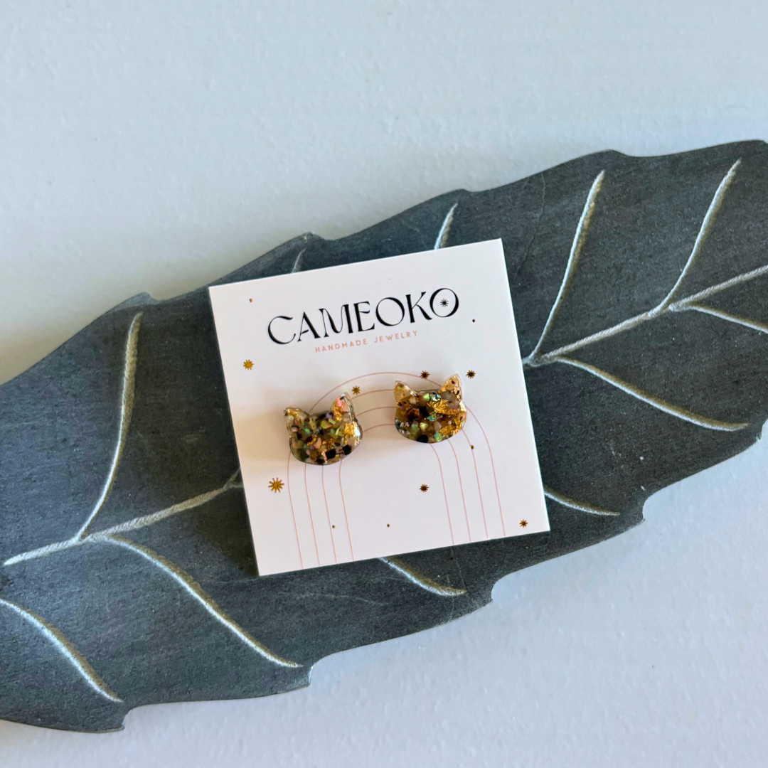 Crushed Gemstone Cat Stud Earrings