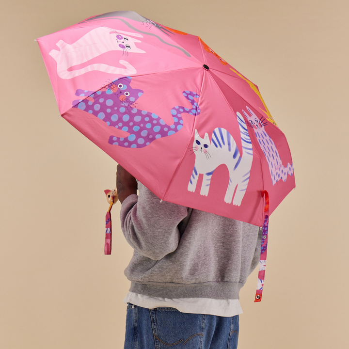 Duck Umbrella - Fuchsia Arty Cats featuring playful cat designs on a pink canopy.