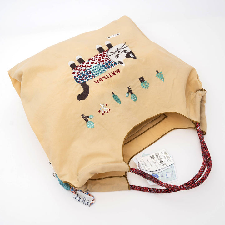 Kusuguru Embroidered Cat Nylon Shoulder Tote bag - Butter Yellow