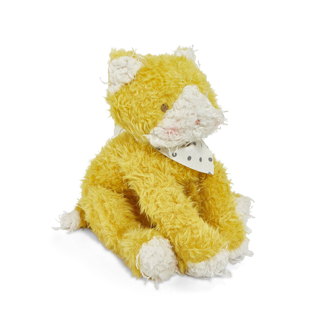 Mustard yellow Alley Cat stuffed animal with scruffy fur, scraggly cream muzzle, embroidered face, and stylish cream scarf with gray polka dots.