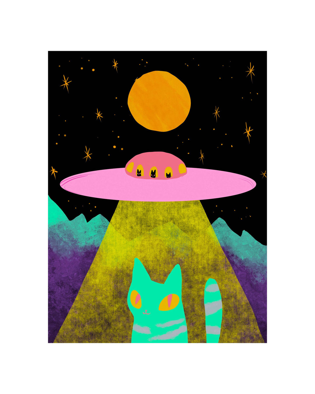 Colorful alien cat art print with UFO, 8x10 inch matte paper. Great cat print gifts, ideal for cat lovers and cat themed art collections.