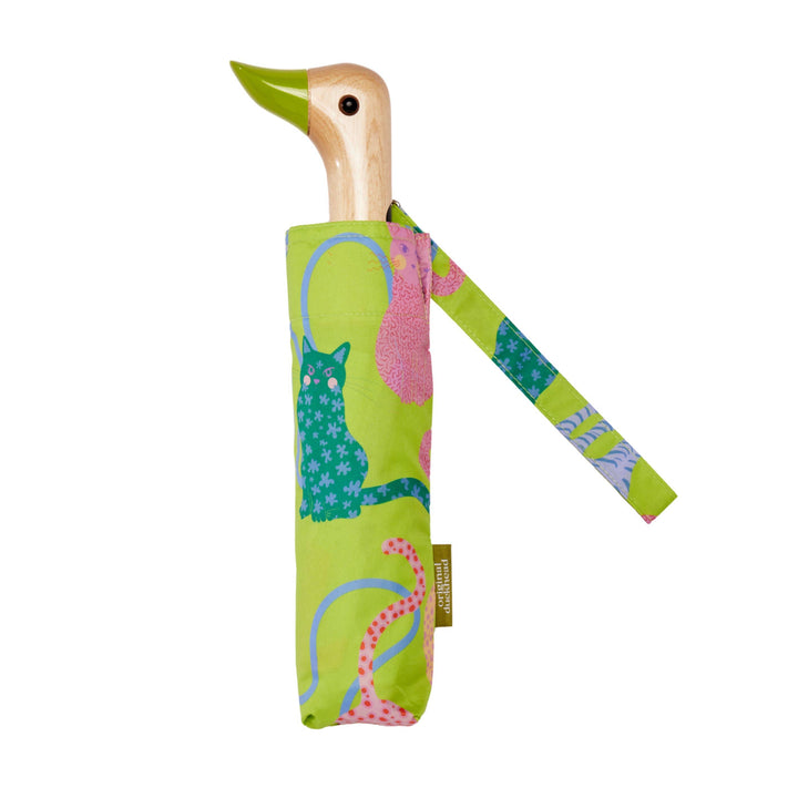 Duck Umbrella - Lime Arty Cats with playful cat design and a unique duck handle, eco-friendly and stylish.