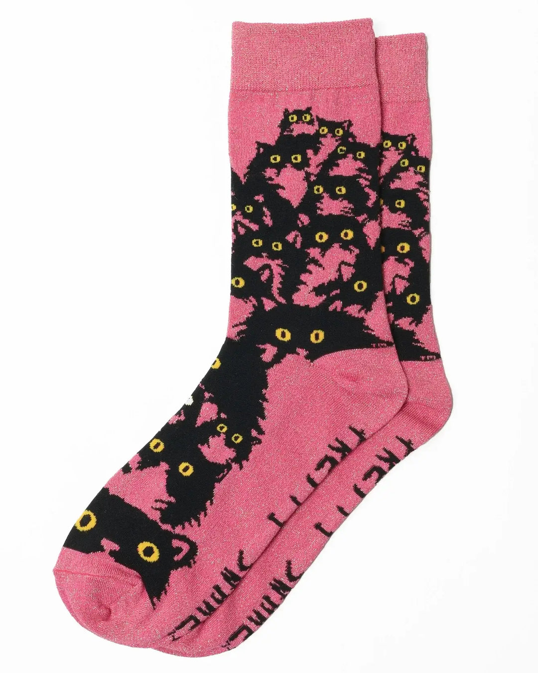Pink glitter kitty socks featuring playful black cats with yellow eyes, perfect for cat lovers and cozy comfort.