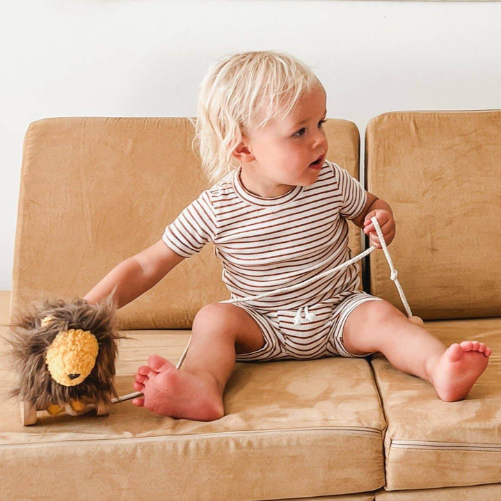 Toddler playing with a furry lion toy, encouraging movement and exploration in a cozy playroom setting.