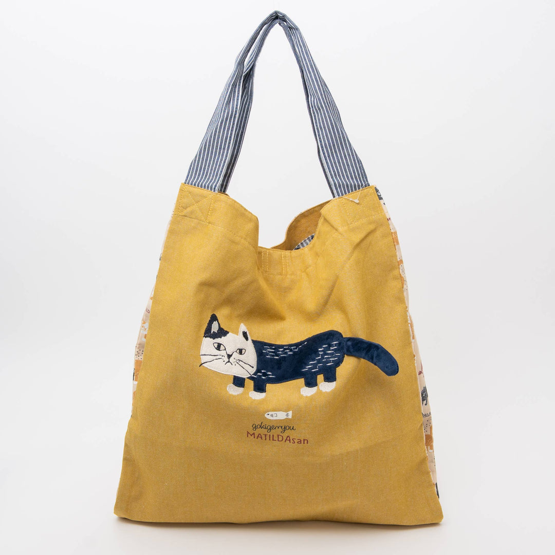 Kusuguru Japan Cats Embroidered Large Tote Bag - Yellow