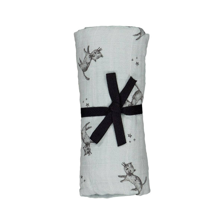 Bianca blue cat swaddle blanket rolled with black ribbon, 100% cotton muslin, ideal for babies and gifting.