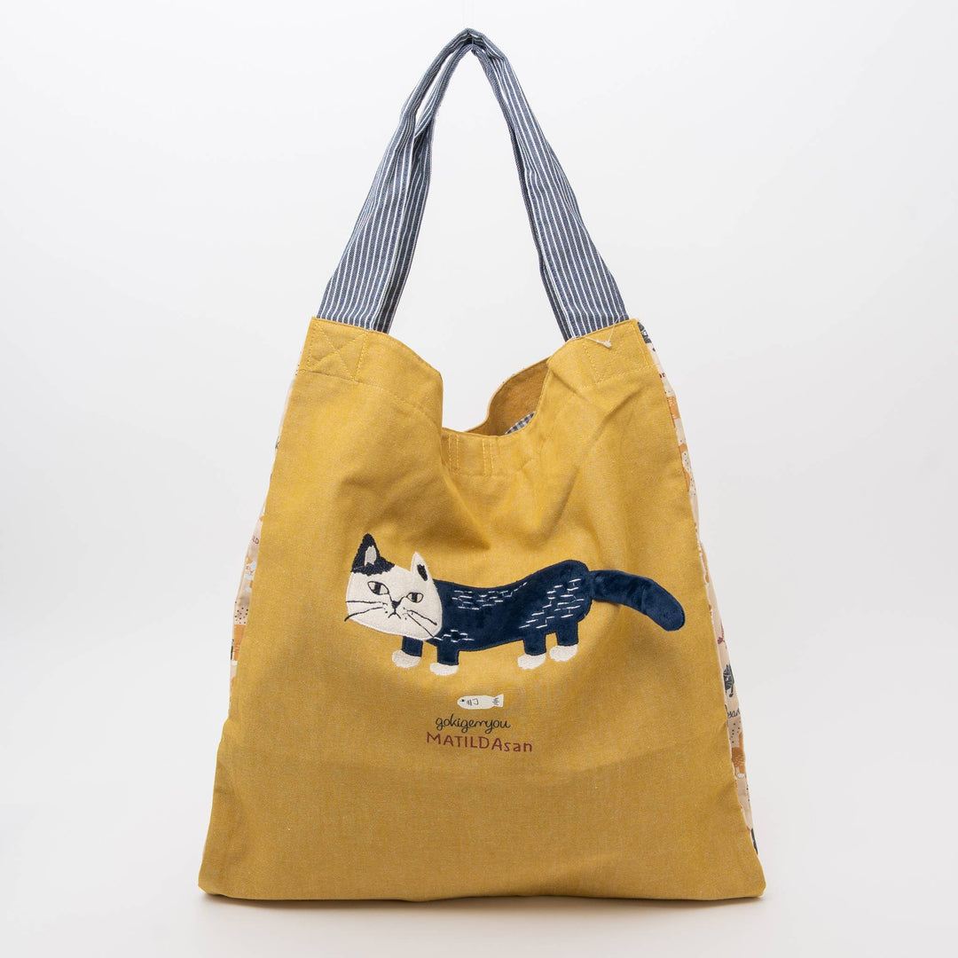 Kusuguru Japan Cats Embroidered Large Tote Bag - Yellow