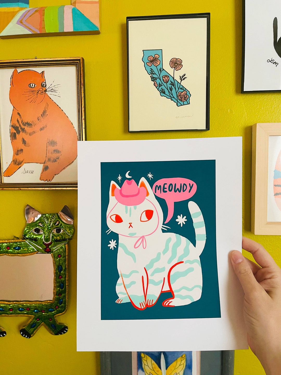 "Meowdy The Country Cat Art Print - 8x10 in cat-themed artwork on high-quality matte paper, perfect for cat prints and gifts for cat lovers."