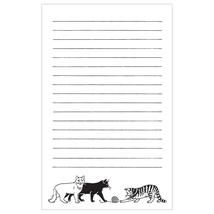 Cats At Play Notepad with three cats playing with a ball of yarn, featuring 60 lined, tear-off sheets, 3.5x5.5 inches, made from 100% recycled paper