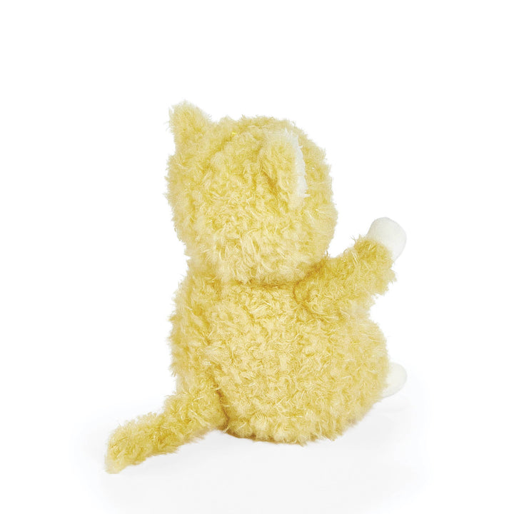 Mustard yellow scruffy Wee Alley Cat stuffed animal with a scraggly cream muzzle, viewed from behind, perfect for cuddling and snuggling.