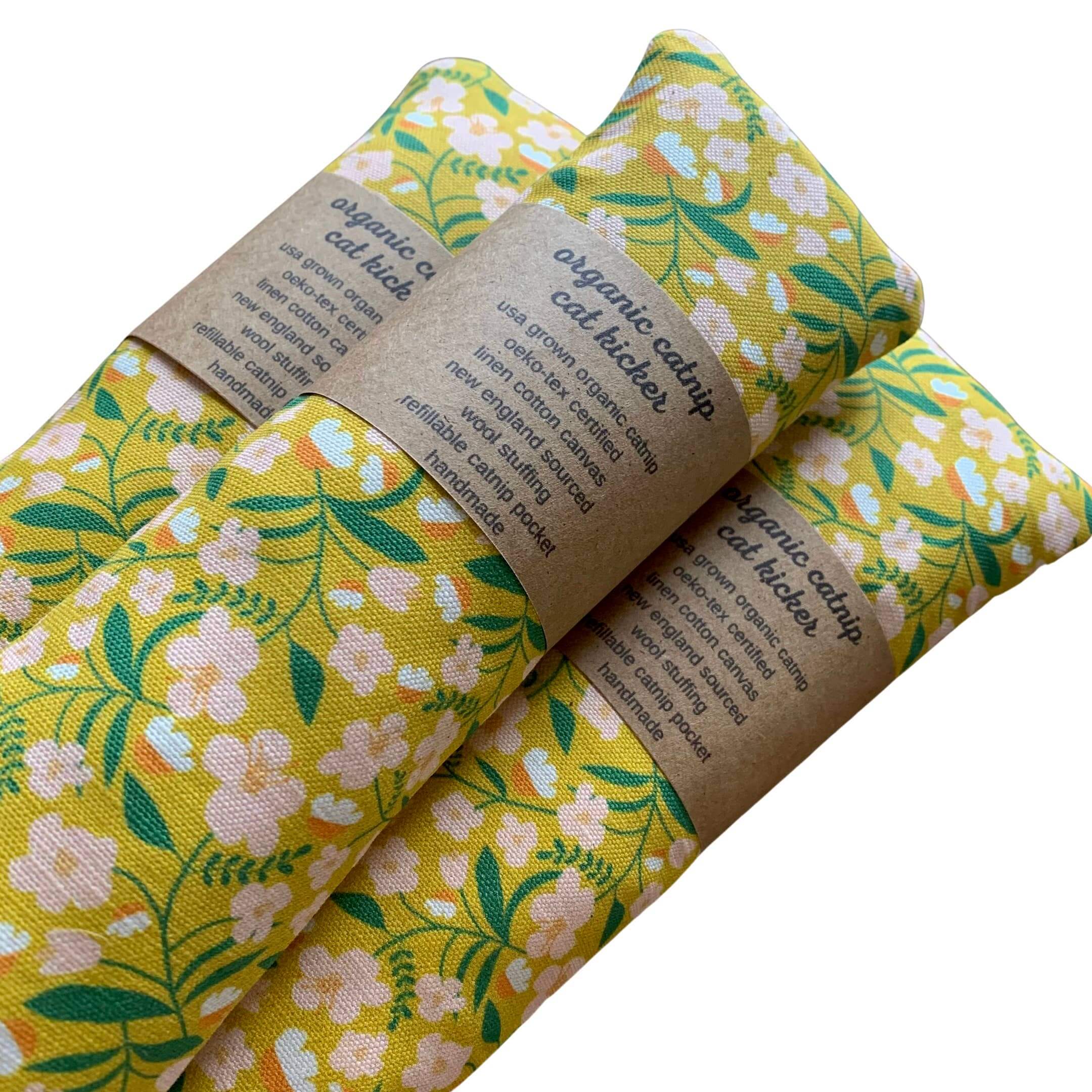 Bessie's Blooms organic catnip kicker toys, refillable and handmade with floral patterns for playful cats.