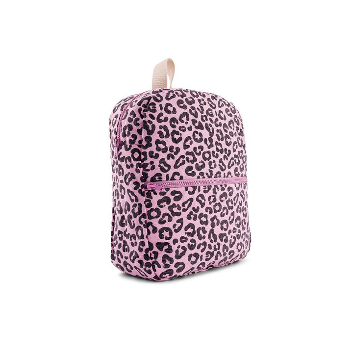 Kids backpack in pink leopard print with a front zipper pocket and durable design, perfect for school or outings.