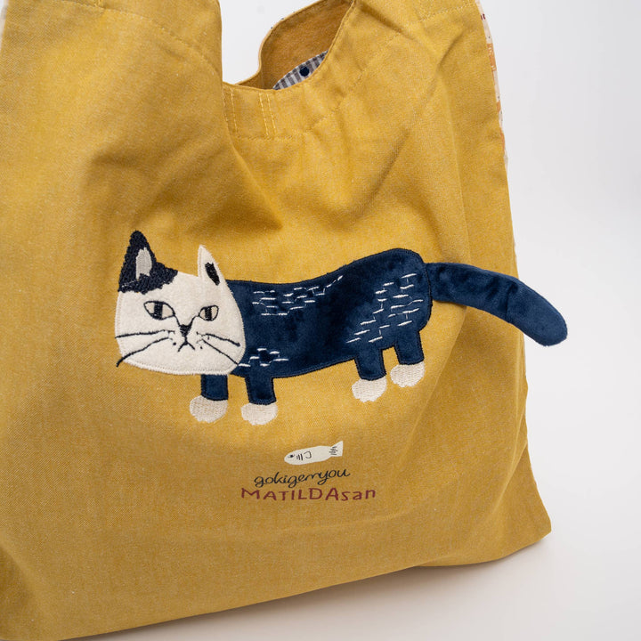 Kusuguru Japan Cats Embroidered Large Tote Bag - Yellow