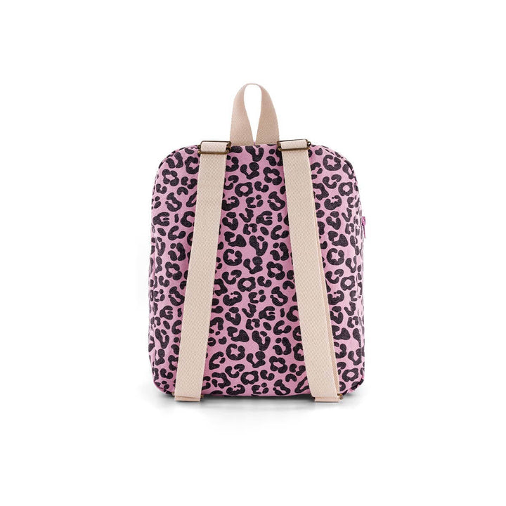 Kids backpack in Bubble Pink with leopard print design and adjustable straps, perfect for school and play.