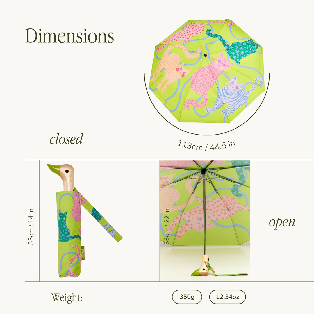 Duck Umbrella - Lime Arty Cats dimensions showing closed and open views with playful design.