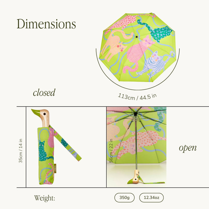 Duck Umbrella - Lime Arty Cats dimensions showing closed and open views with playful design.