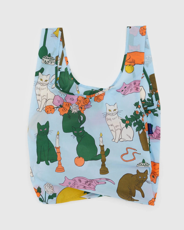 Standard Baggu reusable bag with table cats design, carries up to 50 lbs, made of recycled ripstop nylon, machine washable.