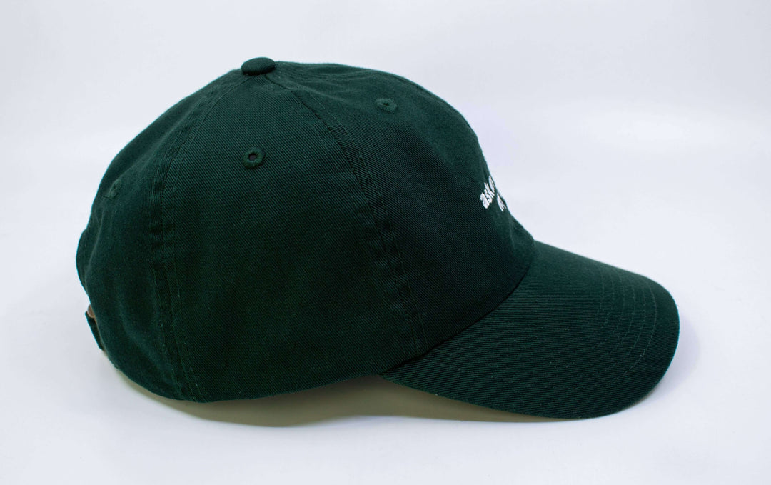 Green embroidered hat displaying 'ask me about my cat,' adjustable for a comfortable fit.