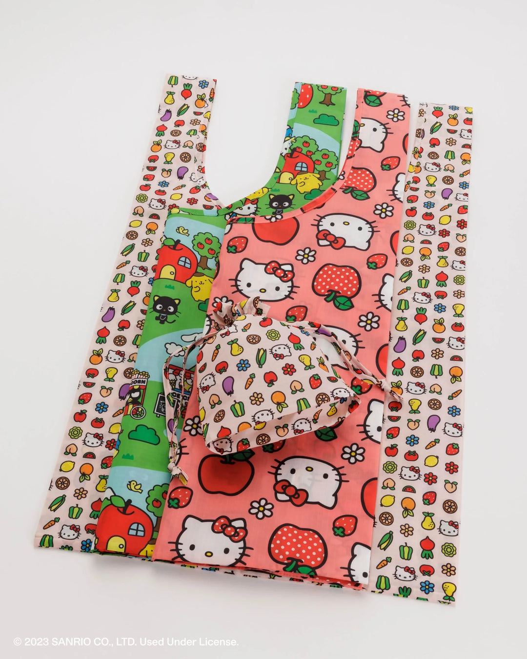 Set of 3 Standard Baggus with Hello Kitty and Friends prints in a reusable drawstring pouch, featuring vibrant and unique designs