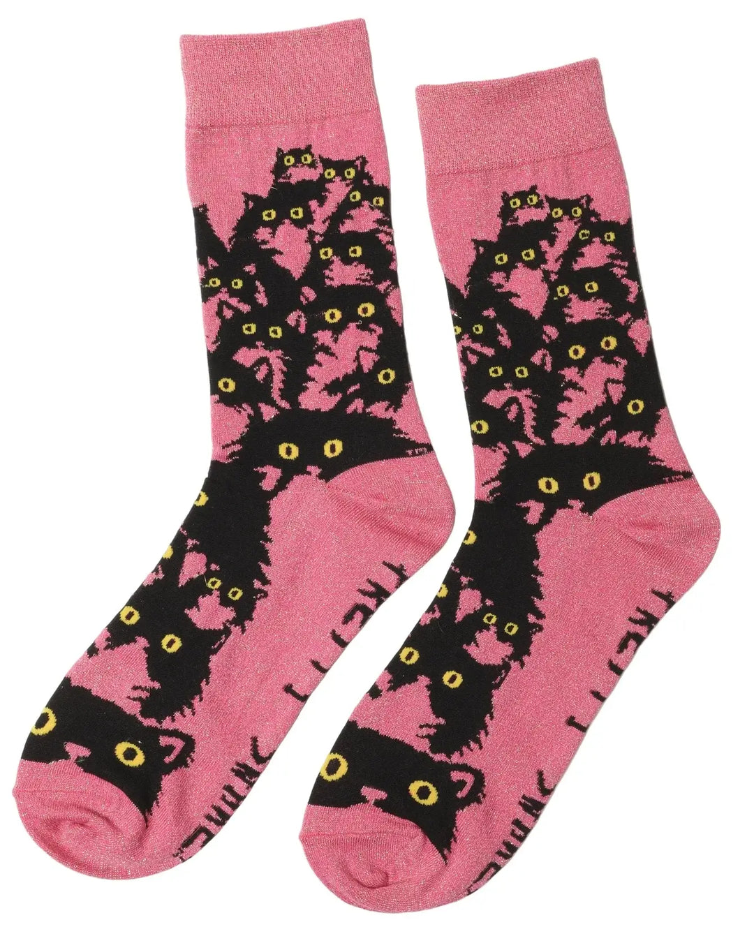 Pink glitter kitty socks featuring playful black cats with bright yellow eyes, perfect for cat lovers.