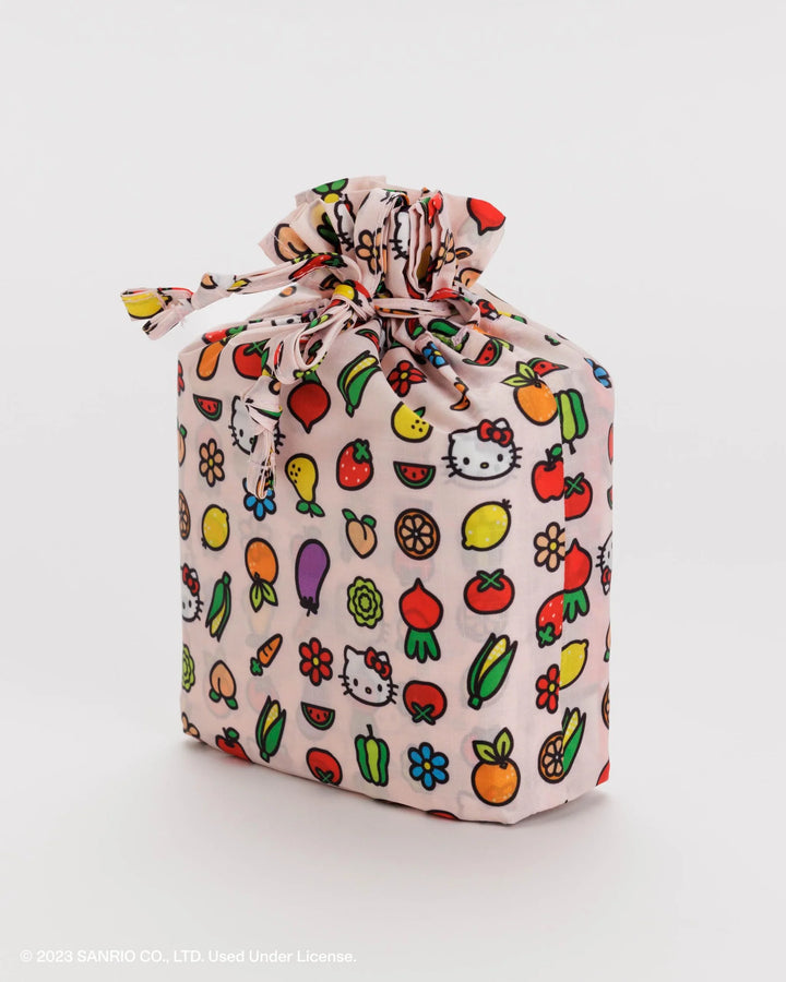 Standard Baggu Set of 3 in reusable drawstring pouch with Hello Kitty and Friends prints, ideal for gifting and made from recycled ripstop polyester.