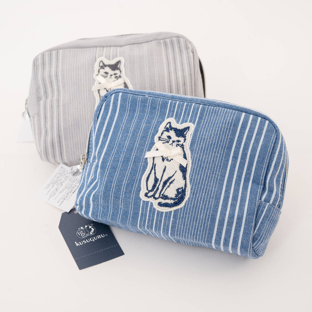 Kusuguru Japan Embroidered "Bowtie Cat" Multi-Dual Zi Pouch
