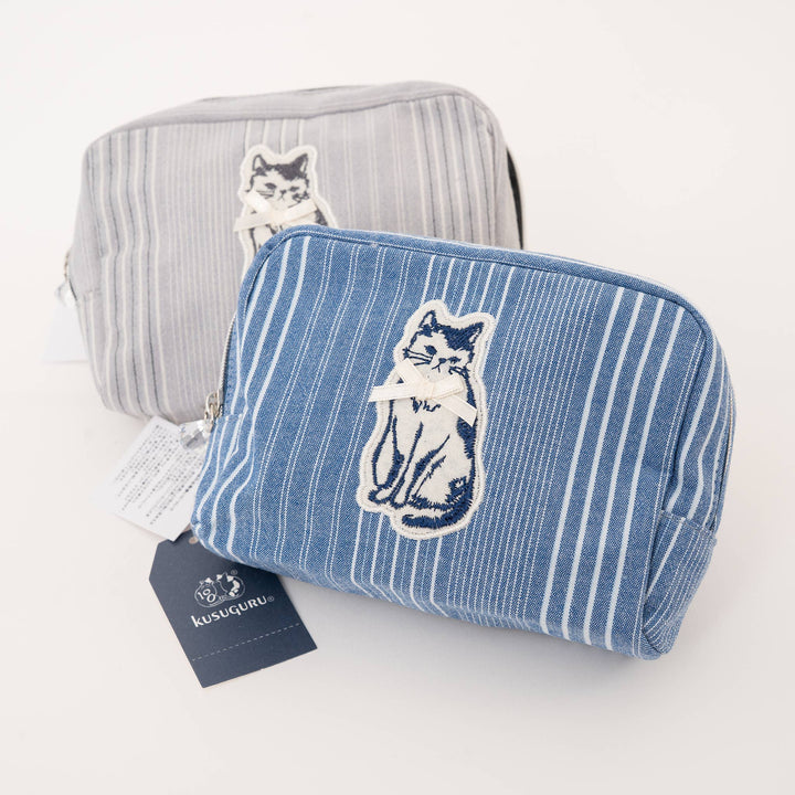 Kusuguru Japan Embroidered "Bowtie Cat" Multi-Dual Zi Pouch