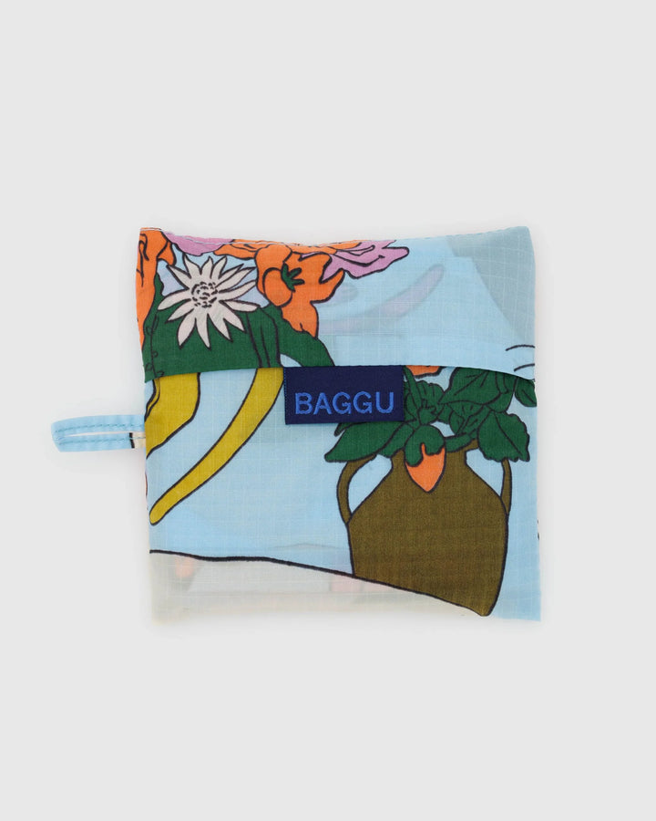 Folded Standard Baggu reusable bag with table cats design in compact 5x5 inch pouch