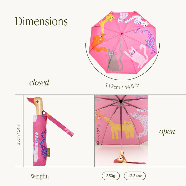 Duck Umbrella - Fuchsia Arty Cats featuring dimensions and playful cat design, open and closed with eco-friendly materials.