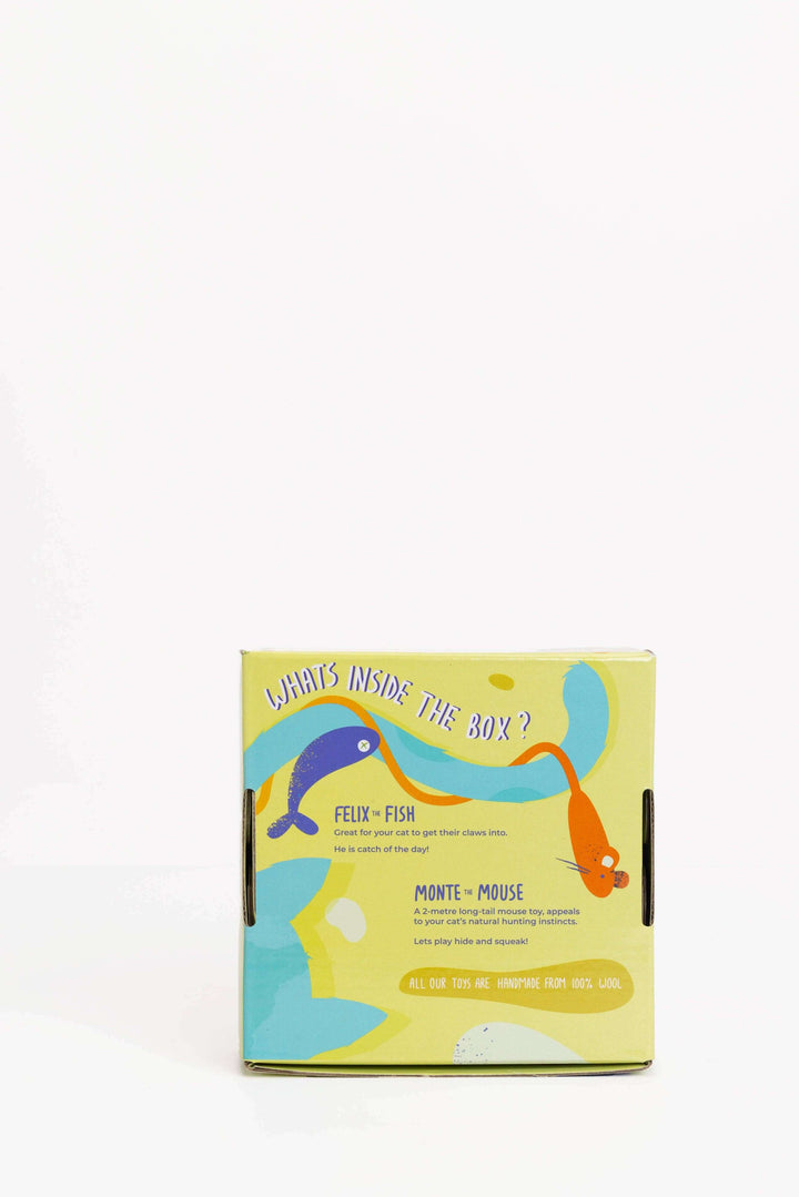 Feline Feast Cat Box featuring Felix the Fish and Monte the Mouse with vibrant colors and fun design.