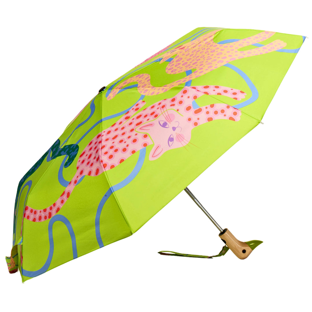 Duck Umbrella - Lime Arty Cats with playful pink cat designs on a vibrant lime green background.